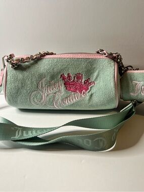 Juicy Couture Mint Terry Cloth Crossbody with Pink Crown Embroidery